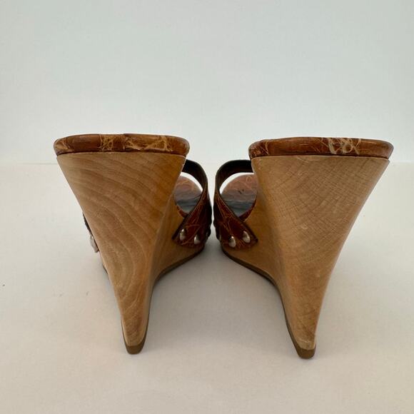Prada Wedge Platform Clogs Heels Cognac Croc Leather Open-Toe Brown 38 (US 8) - Picture 7 of 13